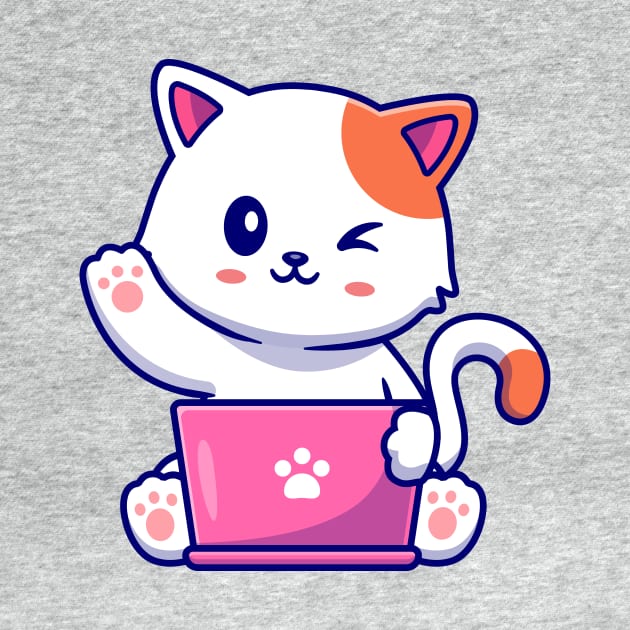 Cute Cat Working On Laptop With Coffee Cup Cartoon by Catalyst Labs